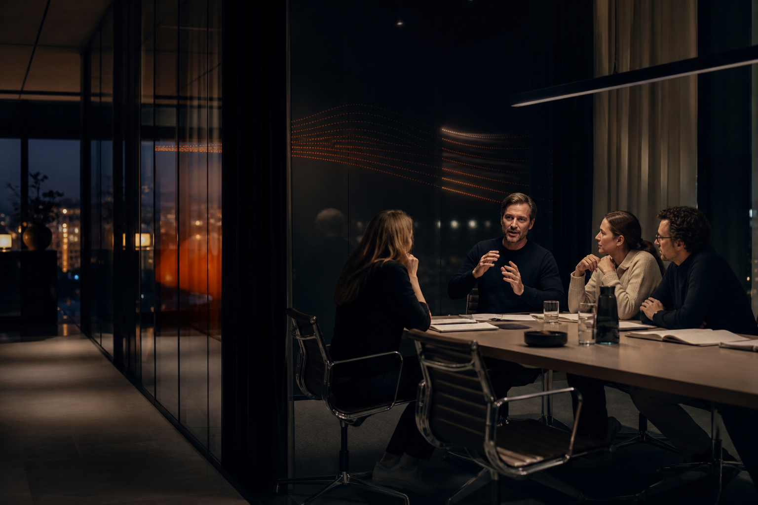 Team werkt samen aan een gesprek in een moderne vergaderruimte